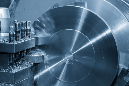 Close up scene the lathe machine finish cut the metal parts in the light blue scene. The metalworking process by turning machine.の写真素材