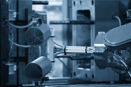 Close up scene material handling process the plastic drinking glass by robotic system The food...