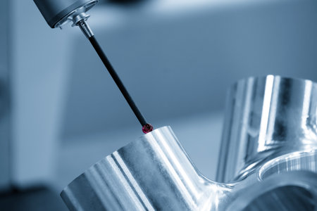 The multi axis CMM machine measuring the aluminum housing parts in the light blue scene. The quality control of automotive parts with multi axis CMM machine.の写真素材