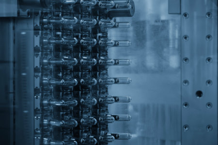Close up scene of injection process group of preform shape of PET bottle products in the blue scene....