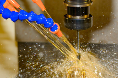 Close-up of a CNC milling process machining a mold component using a ball nose end mill with...