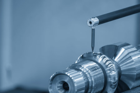 The scene captures a surface roughness measuring machine (profilometer) as its tactile stylus...