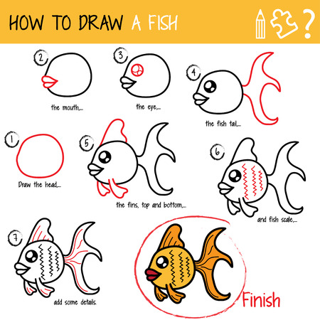 Drawing tutorial. How to draw a fish. Step by step.のイラスト素材