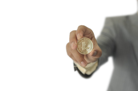 LTC cion (Litecoin) in the hands of the businessman.  Isolate on a white background.