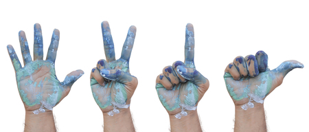 Artist's hands, painted hands on white background .の写真素材