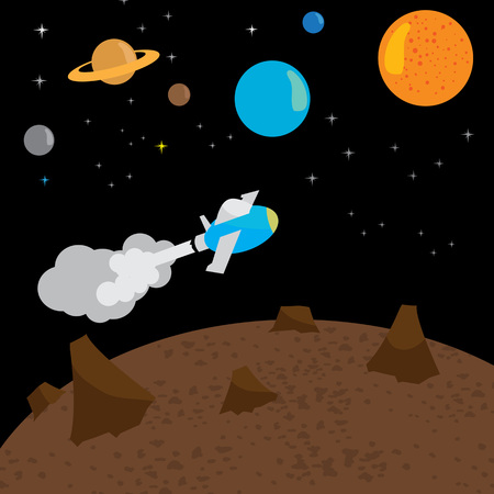 Space rocket launch. Vector illustration with flying rocket. Space travel.のイラスト素材