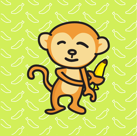Monkey holding a banana with a banana background, vector illustration.のイラスト素材