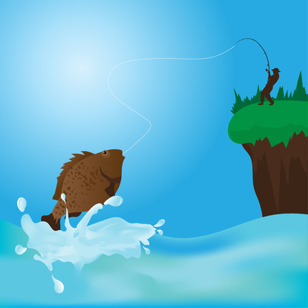 Fisherman catching a green fish at sunset vector illustratioのイラスト素材