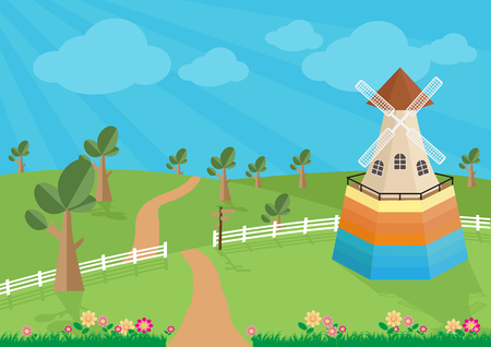 Rural landscape with windmill, vector illustration.のイラスト素材
