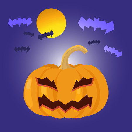 Cartoon Halloween pumpkin with bat, vector illustration.のイラスト素材