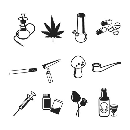 Drugs icons set. Marijuana narcotic, addiction and capsule, smoke pipe, tablet pharmacy, vector illustrationのイラスト素材