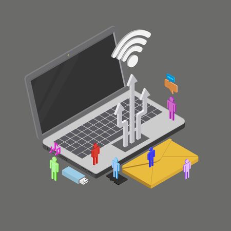 Isometric people using internet around, electronic devices, social media, social network, vector illustration.のイラスト素材