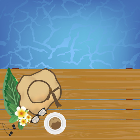 Cups of coffee on the table near the pool with copy space background. vector illustration.のイラスト素材