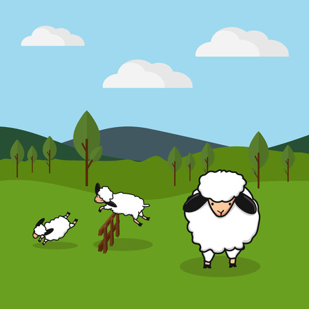 Sheep jumping over a fence in a grassy field background, vector illustration.のイラスト素材