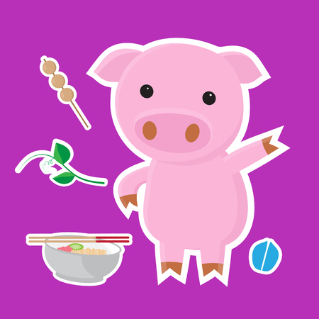 Cute pig cartoon sticker set vector illustration.のイラスト素材