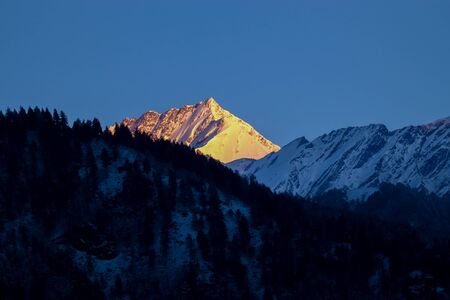 sunrise on the top of a snow-covered mountain. The mountain in the front is covered with pine trees.の写真素材