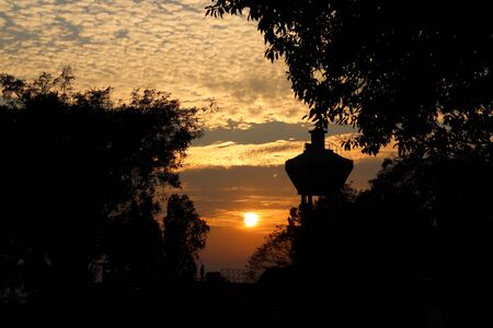 Sunset. Tree silhouetted against a setting sun. Dark tree on open field dramatic sunset.の写真素材