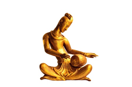 Thai Style Musician Wood Carved Playing Drumの写真素材
