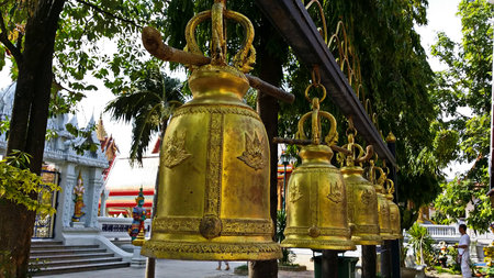 Buddhist bells in Wat Bang Phai Nonthaburi Thailandの写真素材