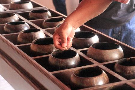 Stance  of give alms in monk's alms bowls