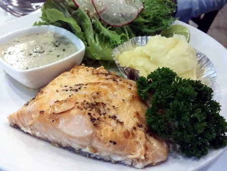 Fish steak  with sauce mash fresh vegetableの写真素材