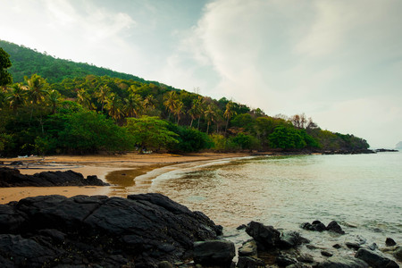 Beautiful scenery of quiet beach in the morning and the scenery of the mountains in the back,Koh Yao Yai,Phang Nga,Thailandの写真素材