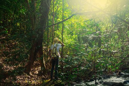 a man Traveler with backpack hiking Travel Lifestyle concept forest on background summer journey vacations outdoor in tropical forest of Thailand,Phang nga,koh yao yaiの写真素材