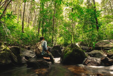 Man sitting on rock in rainforest with backpack among Small streams flow through abundant tropical...