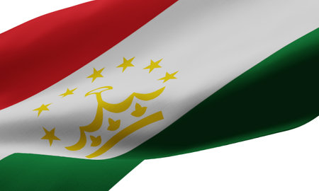 Horizontal tricolor of red white and green charged with a crown surmounted by an arc of seven stars at the center. Variant flag of Tajikistan. Isolated on white background with clipping pathの写真素材