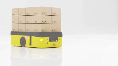 Factory 4.0 concept: The AGV (Automated guided vehicle)with carton  on white background. 3D illustrationの写真素材