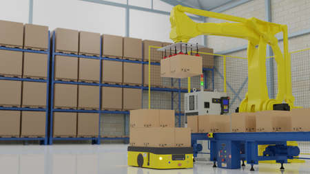 Factory 4.0 concept: The collaboration of industrial robot and AGV (Automated guided vehicle) in...