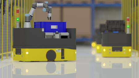 Factory 4.0 concept: The AGV (Automated guided vehicle) with universal robot is carrying parts in...