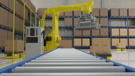 Factory 4.0 concept: the palletizing robot is arranging cartons to AGV in smart warehouse. 3D...
