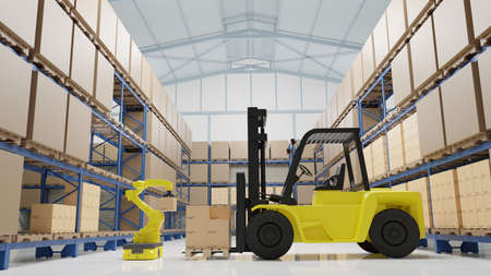 Factory 4.0 concept: The collaboration of AGV ,industrial robot and human with fork lift in smart...