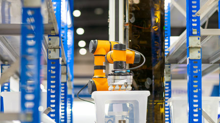 Smart warehouse concept: The COBOT (Collaborative Robot) with gripper is automatically picking...