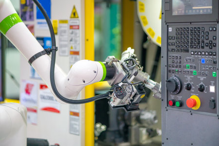 Factory 4.0 concept: The collaboration of robot and CNC machine, automotive part is taken into CNC...