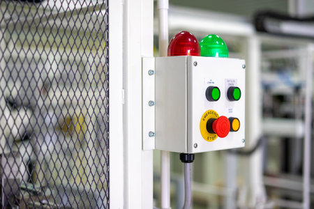 Factory 4.0 concept : View of operation panel and on fence of manufacturing machine.