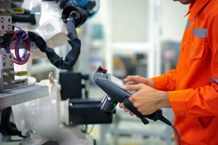 An engineer use handheld controller setting industrial robot in production plant.