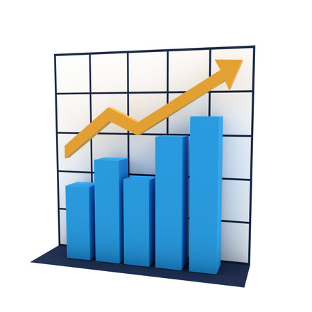 A graphic of a bar graph with a yellow arrow pointing upの写真素材