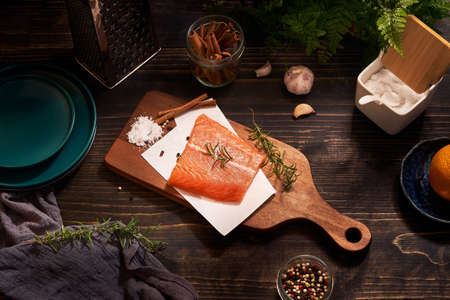 Homemade salted smoked salmon with sandwich menuの写真素材