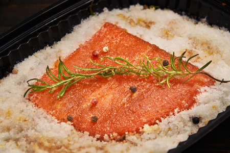 Homemade salted smoked salmon with sandwich menuの写真素材