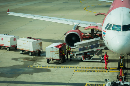 Air transport luggage in Don-Muang International Airport, Bangkok, Thailand on 1 Oct 2014のeditorial素材