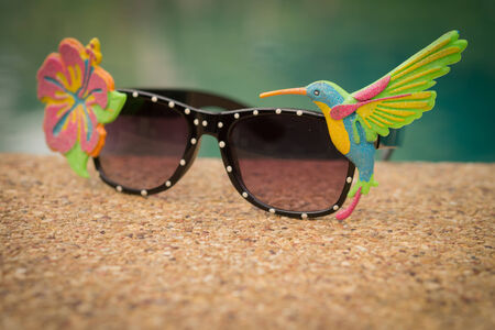 Fancy eyeglass with flower and bird on the pool sideの写真素材