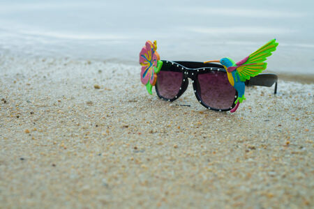 Fancy eyeglass with flower and bird on the beachの写真素材