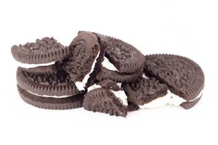 Close up group of Chocolate cookies with creme filingの写真素材