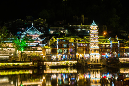 Feng Huang at night, the most famous ancient town in Hunan province, China.のeditorial素材
