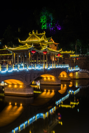 Feng Huang at night, the most famous ancient town in Hunan province, China.のeditorial素材
