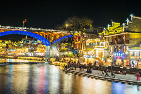 Feng Huang at night, the most famous ancient town in Hunan province, China.のeditorial素材