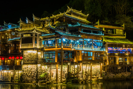 Feng Huang at night, the most famous ancient town in Hunan province, China.のeditorial素材
