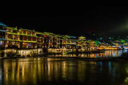 Feng Huang at night, the most famous ancient town in Hunan province, China.の写真素材